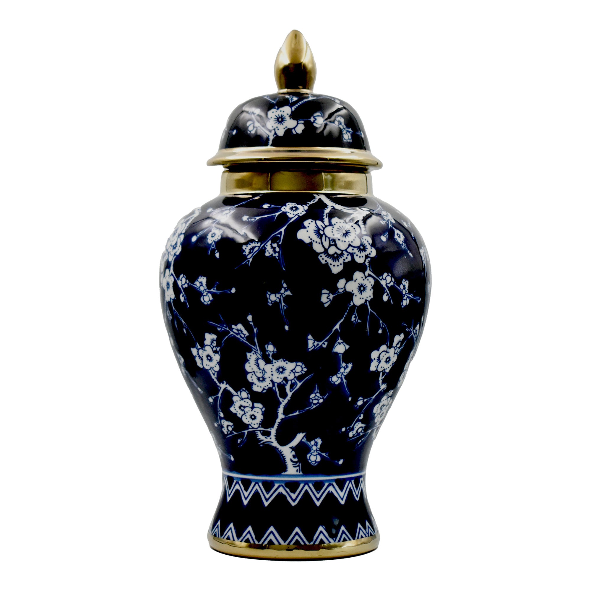 Elegant Cherry Blossom Navy & Gold Ceramic Lidded Jar 36cm