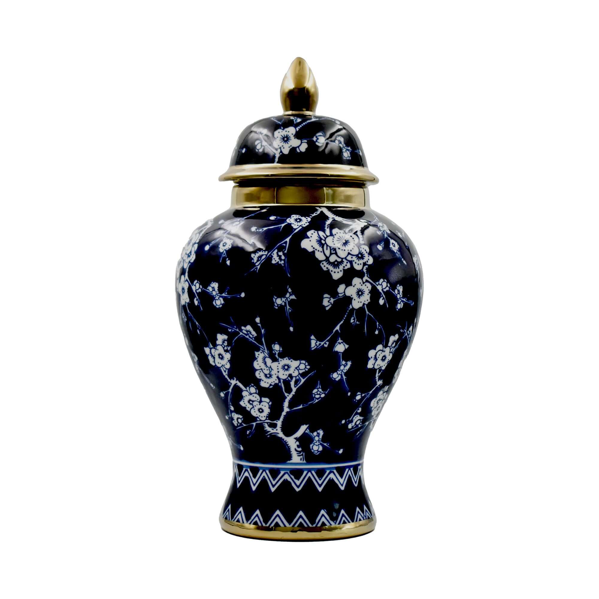 Decorative ceramic jar with floral patterns on a white background