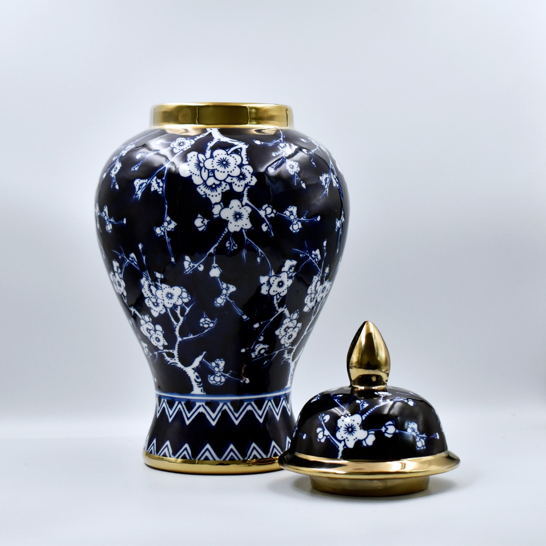 Elegant Cherry Blossom Navy & Gold Ceramic Lidded Jar 36cm