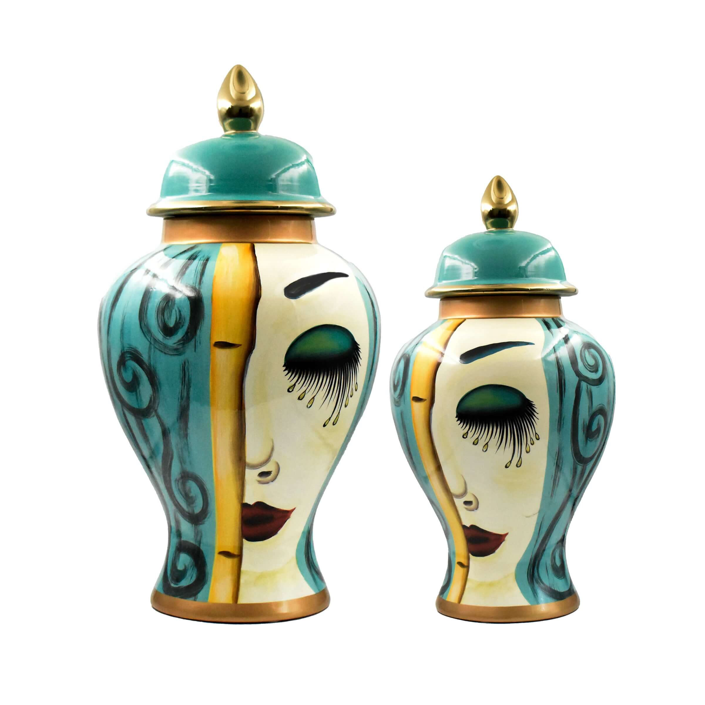Elevate your interior styling with the Isabella Face Jar Set, a truly captivating example of luxury statement decor. These unique art deco ceramic jars with gold accents from Luxury Co bring unparalleled sophistication to any room. Crafted from quality ce