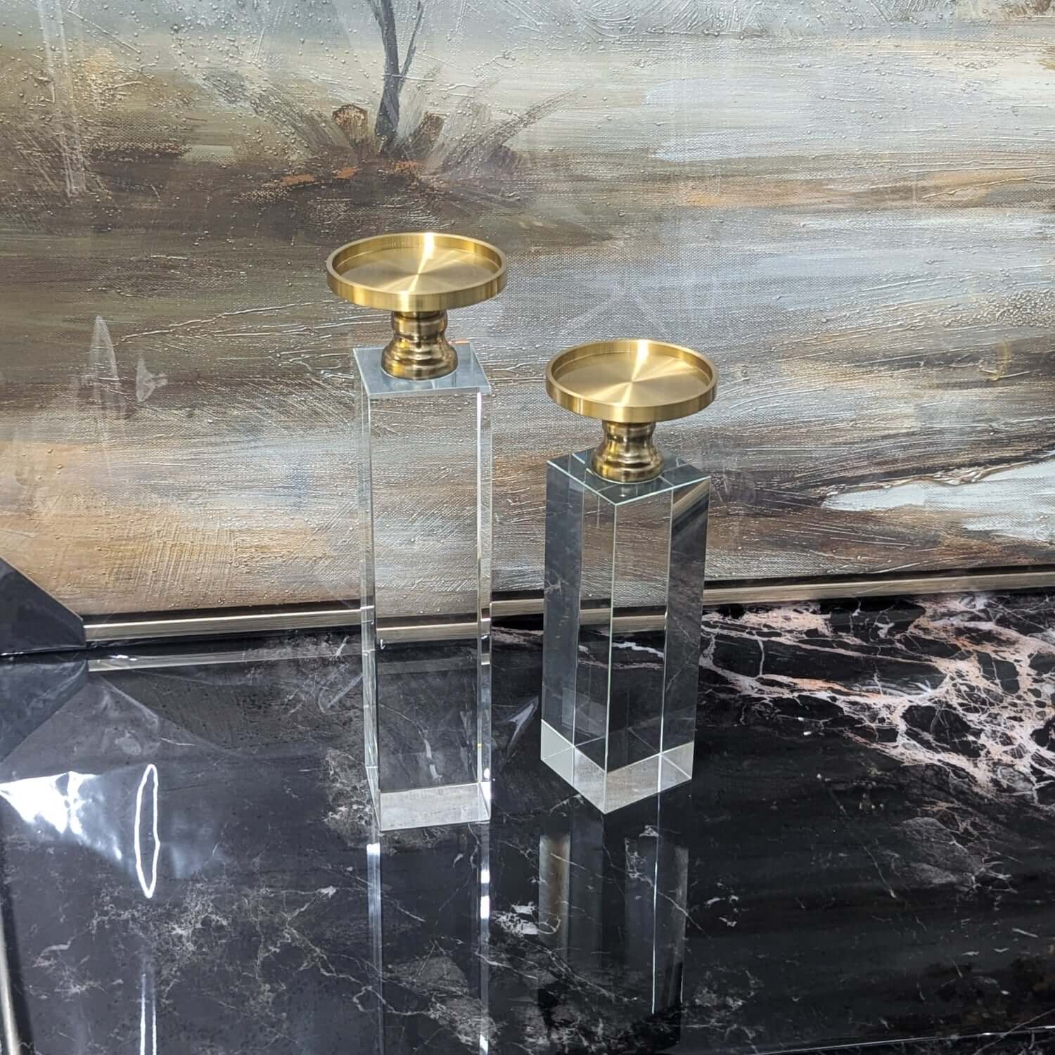 Modern Crystal & Aluminum Candle Holder Set