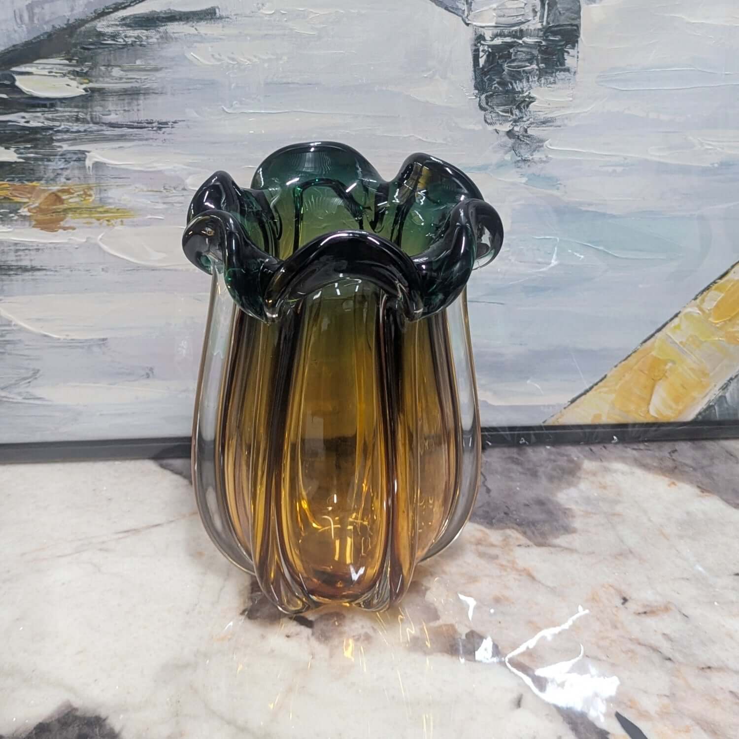 Lotus Vintage Glass Vase - Olive/Yellow 26cm