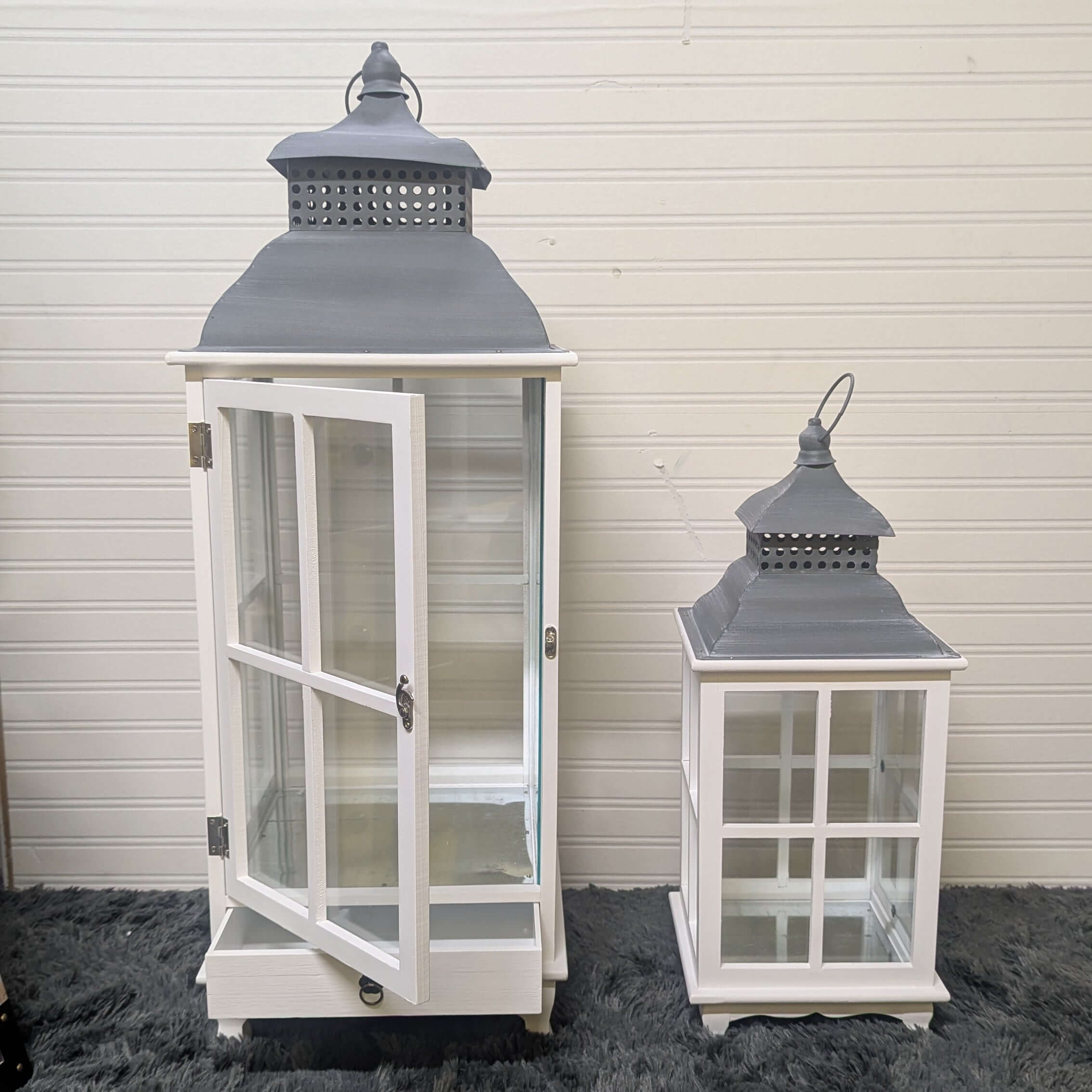 Tall Decorative Rustic Lantern Set with natural wood finish and metal accents for vintage-inspired home decor.