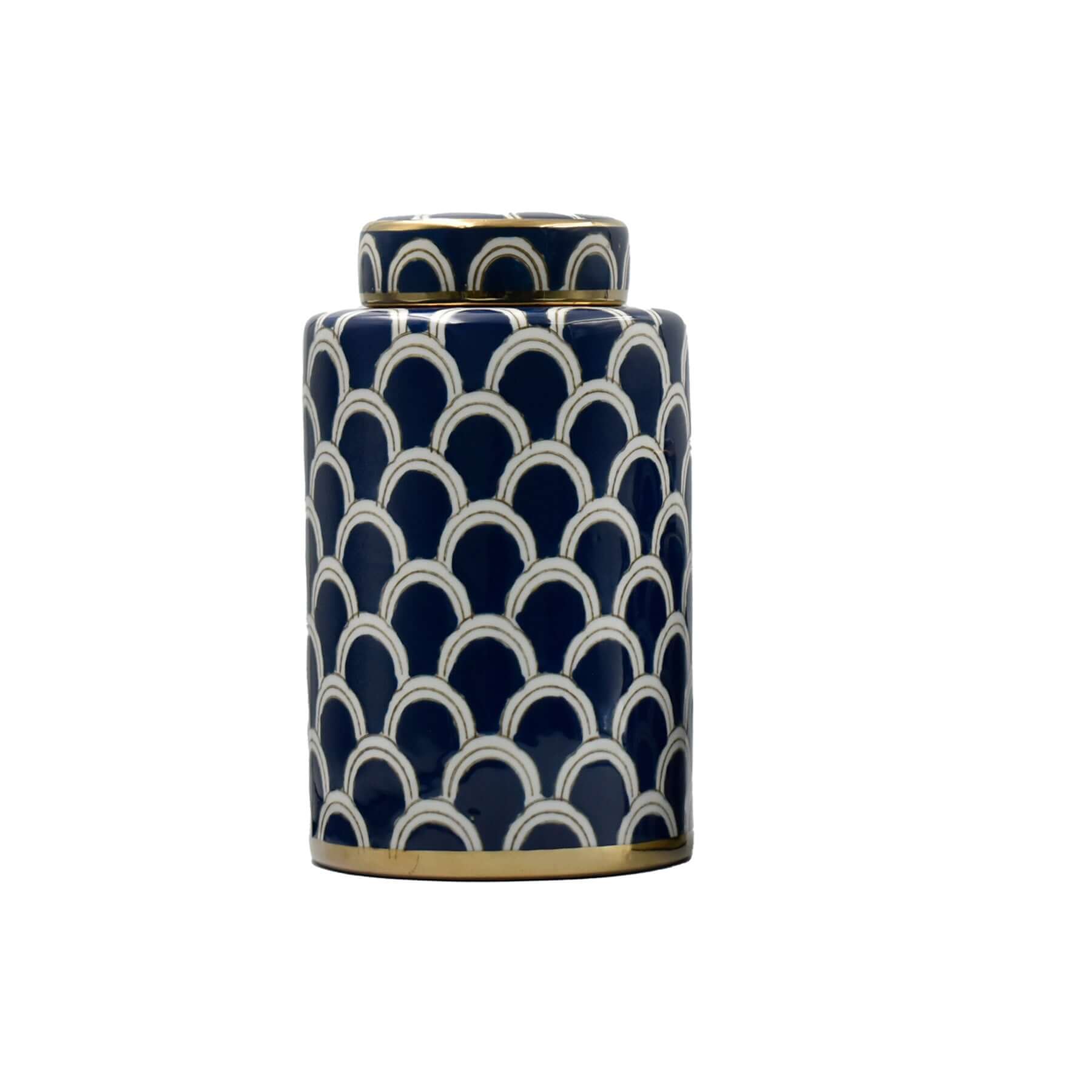 The exquisite Azurean Scallop Ceramic Jar Set is captivating statement home decor and fine ceramic home accents. From Luxury Co, these decorative jars offer impactful interior styling and enhance home ambiance. Perfect as navy and gold scallop ceramic jar
