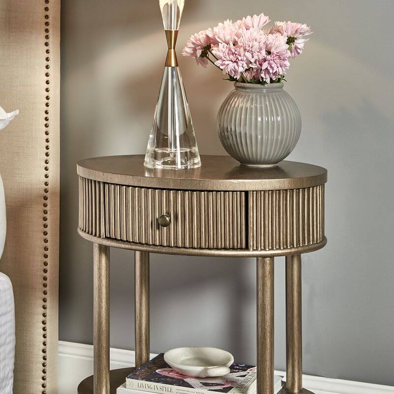 Arielle Art Deco Oval Bedside Table Antique Gold Finish Luxury Co