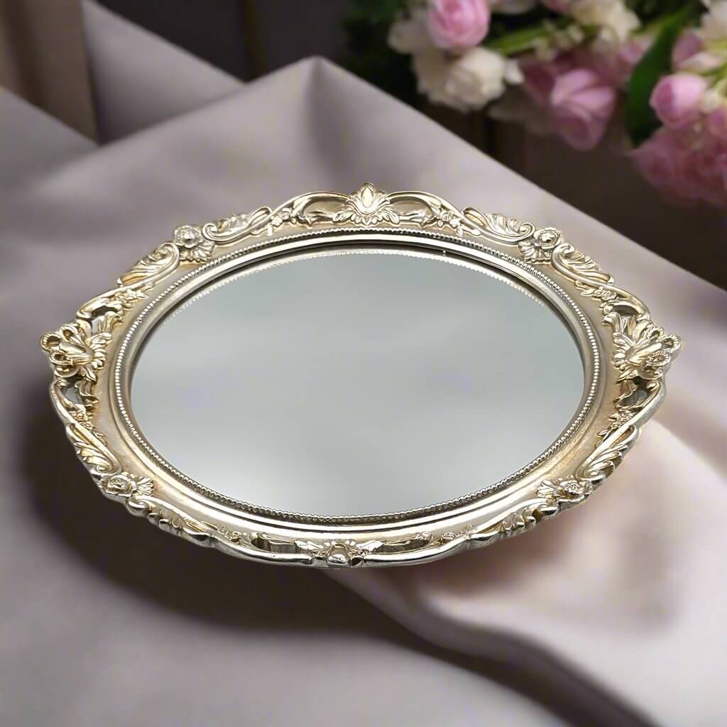 Elegant Vintage Round Mirror Tray with Silver Finish