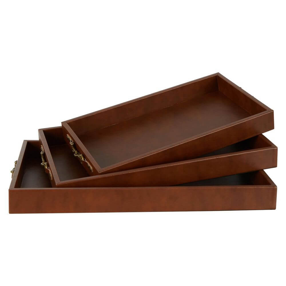 Elegant Chestnut Brown Leather Decorative Tray Set Luxury Co