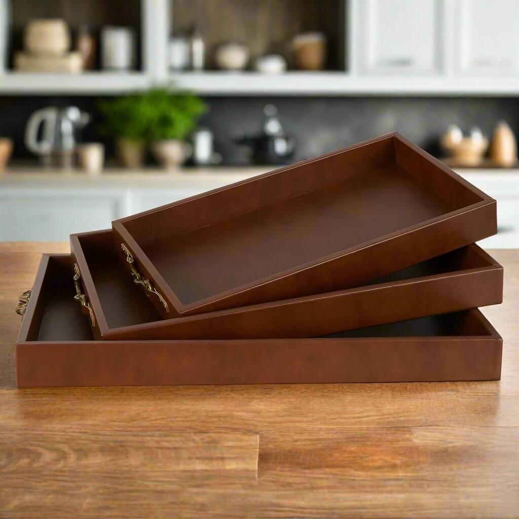 Elegant Chestnut Brown Leather Decorative Tray Set Luxury Co