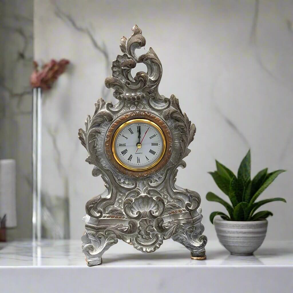 French Vintage Baroque Style Table Clock White/Gray 27cm Luxury Co