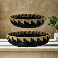 Gulliver Round Rattan Tray Set Black & Natural Cane