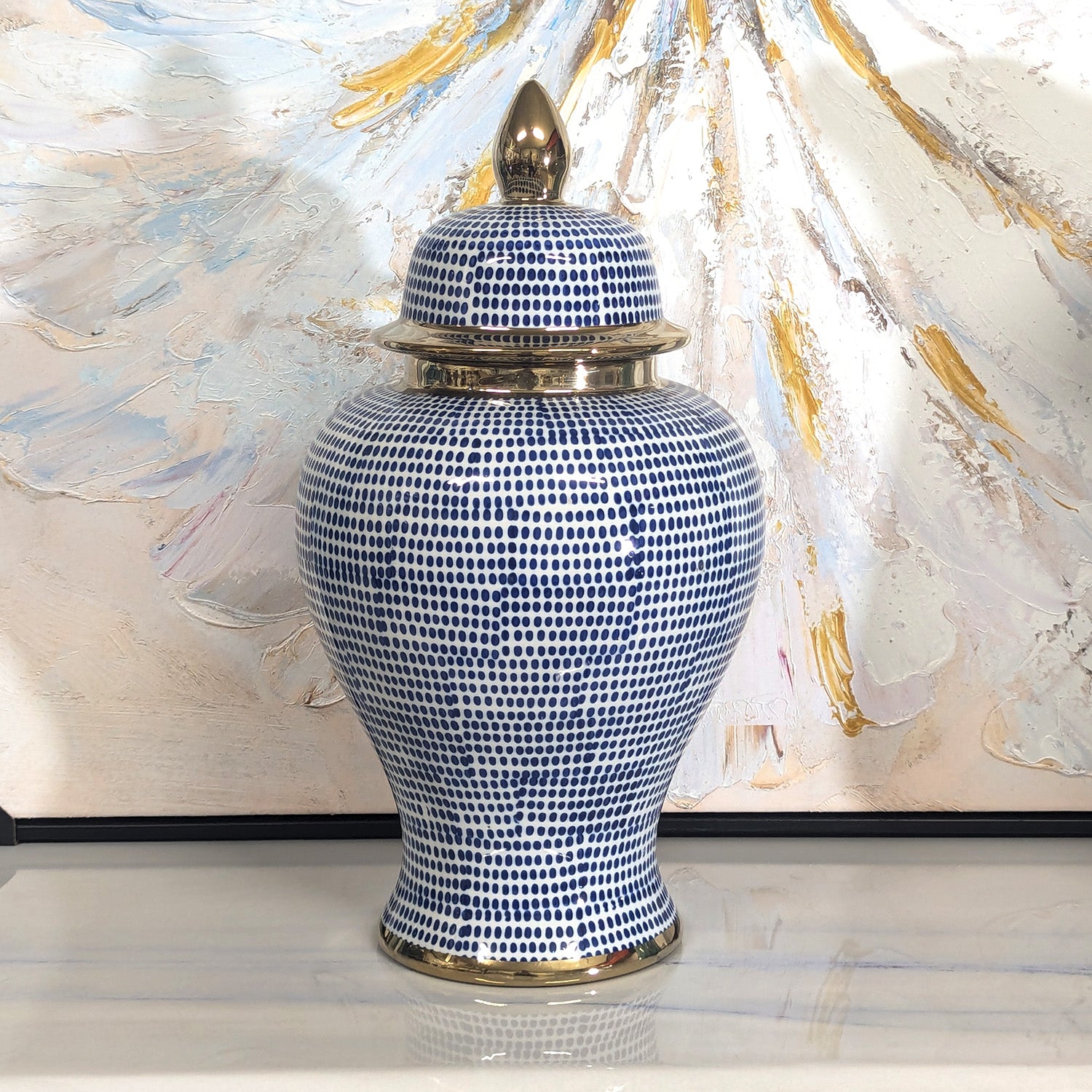 Ceramic Temple Jar - Blue, White & Gold Hamptons Style