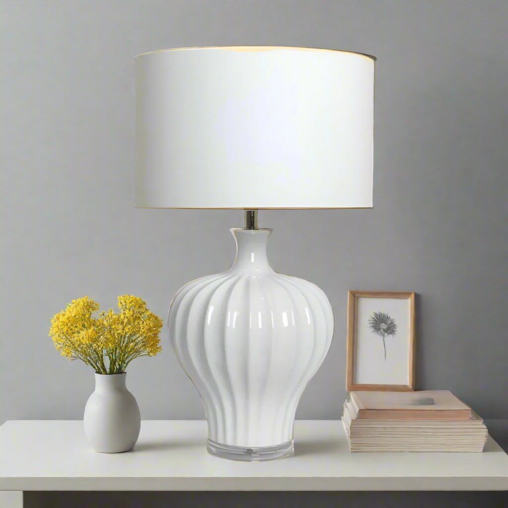 Justina Fluted White Ceramic Table Lamp + Shade Luxury Co