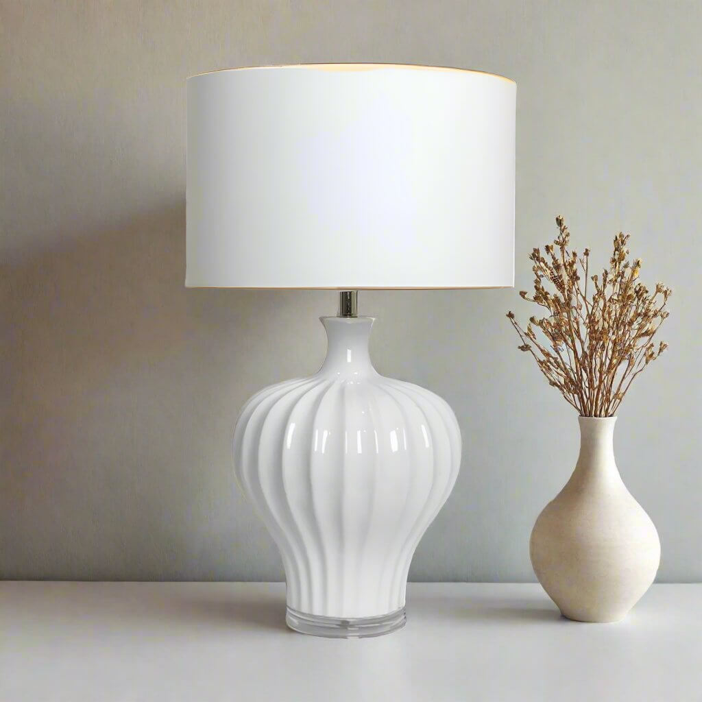 Justina Fluted White Ceramic Table Lamp + Shade Luxury Co