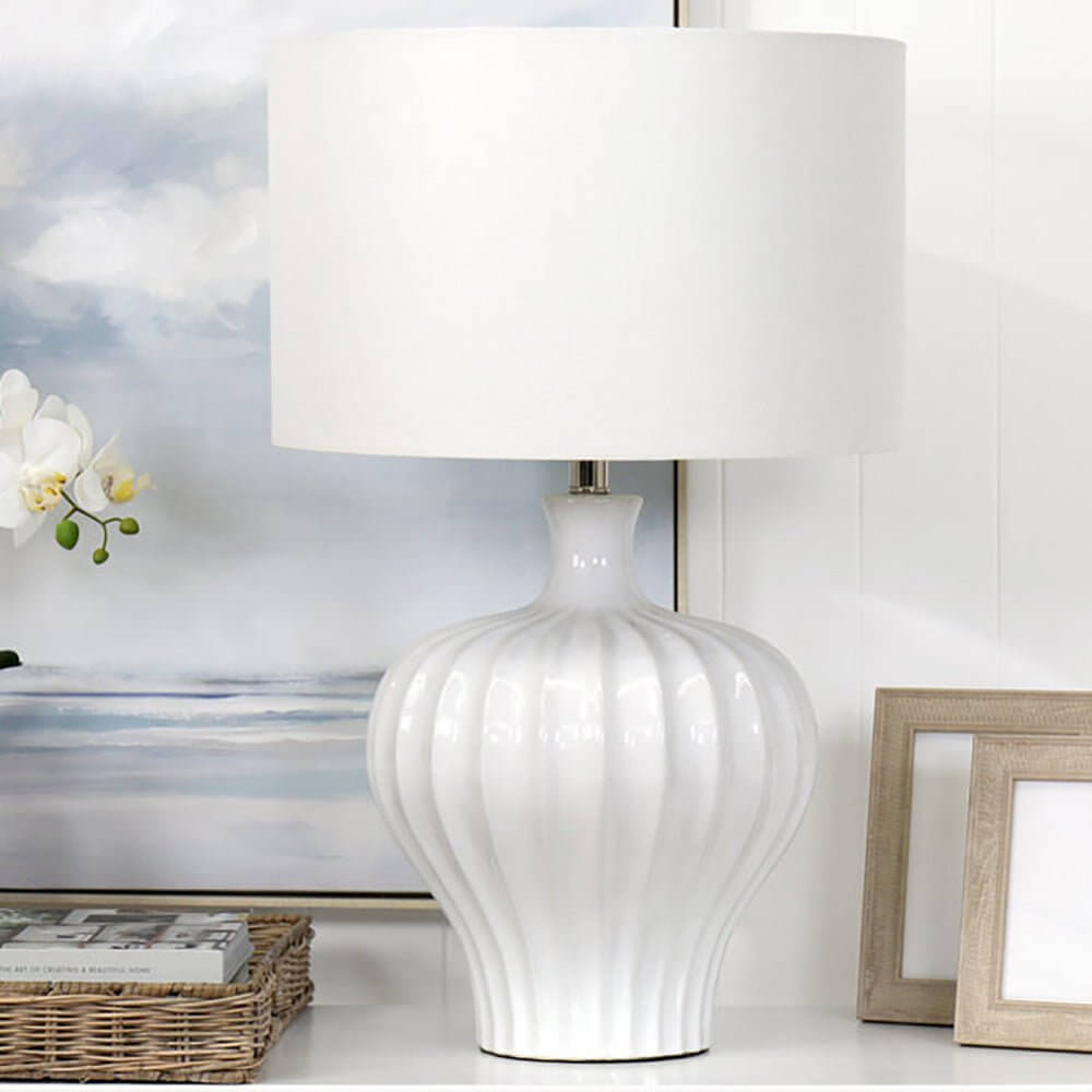Justina Fluted White Ceramic Table Lamp + Shade Luxury Co