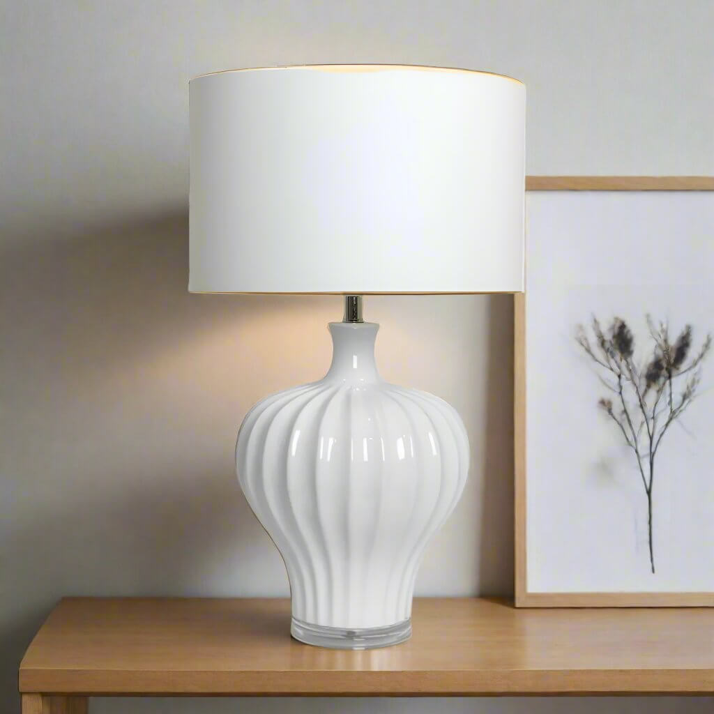 Justina Fluted White Ceramic Table Lamp + Shade Luxury Co