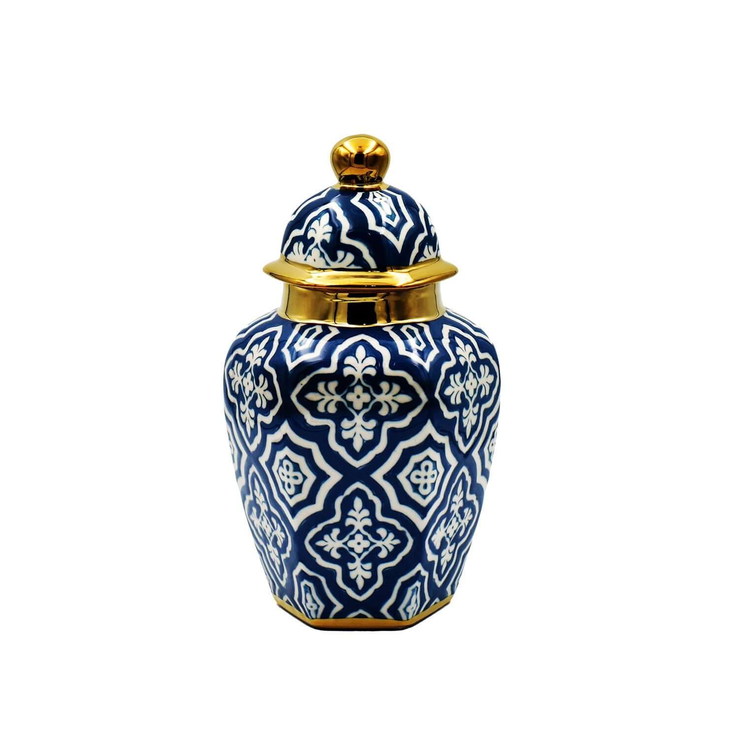 Modern decorative ginger jar blue white gold on entryway table