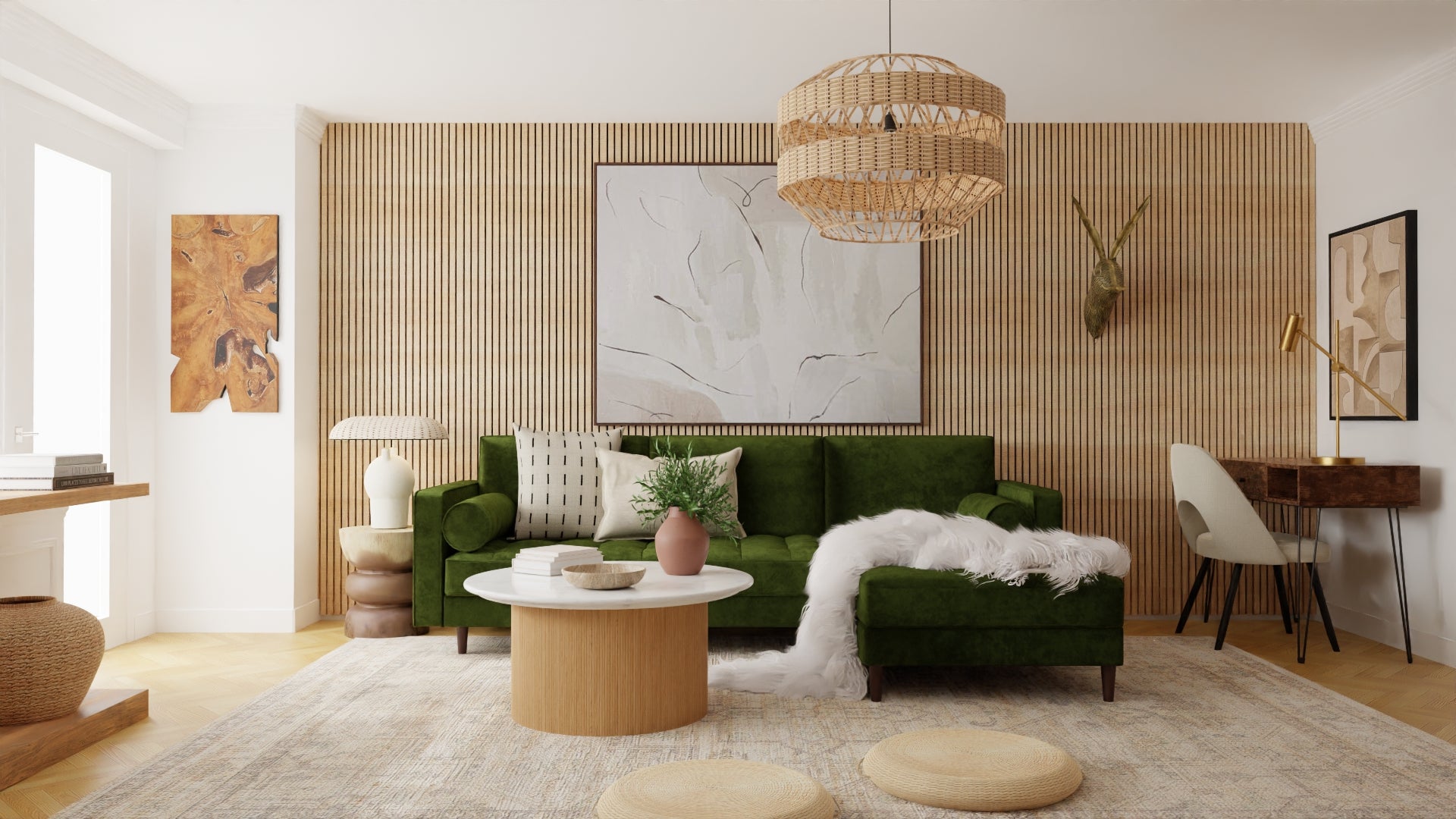 Luxury & Co. modern minimalist living: couch, cushions, designer lamp, side & coffee tables, vase, wall art. Minimalist luxury for Australian homes.