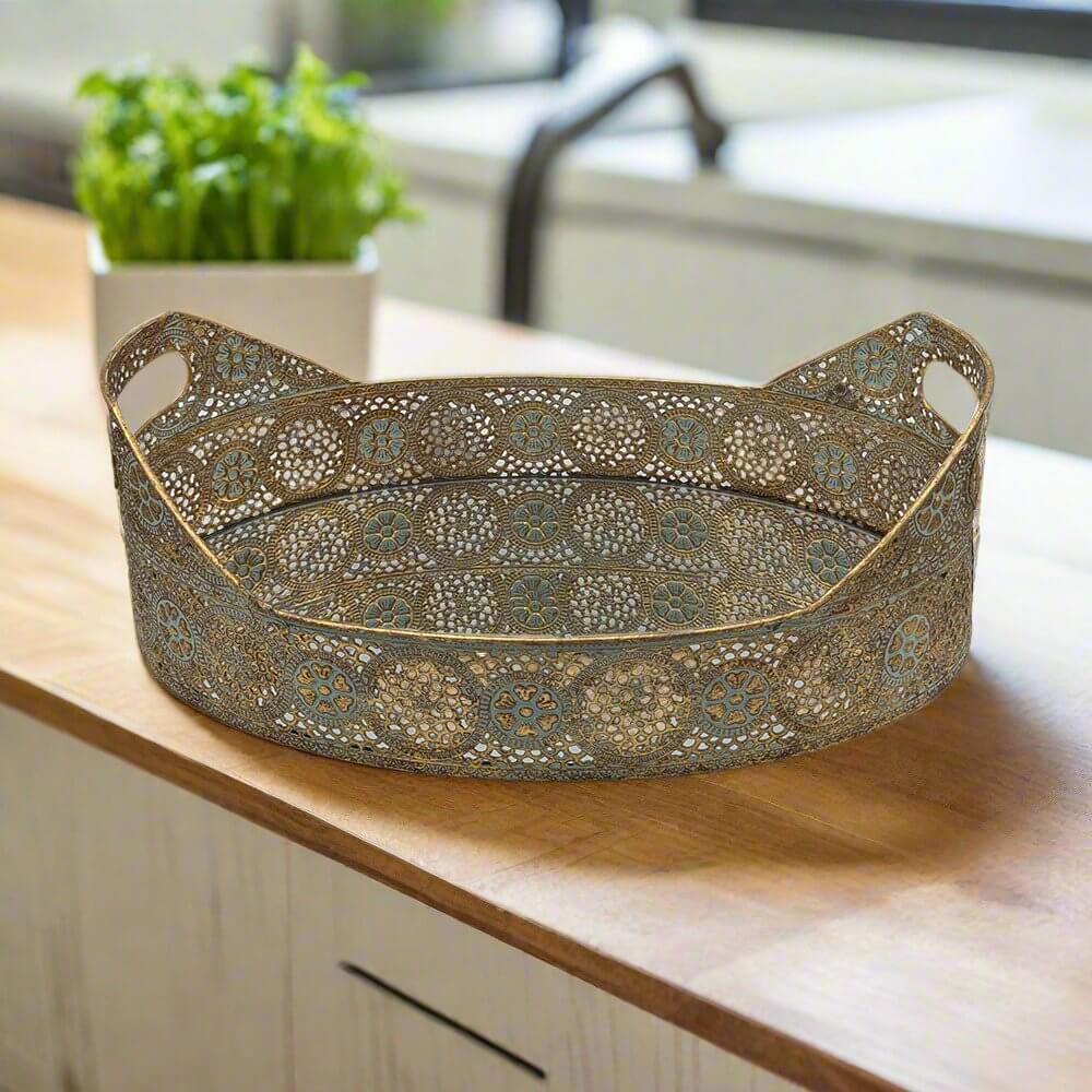 Oval Mirrored Tray Decorative Mirrored Tray Rustic Gold Finish