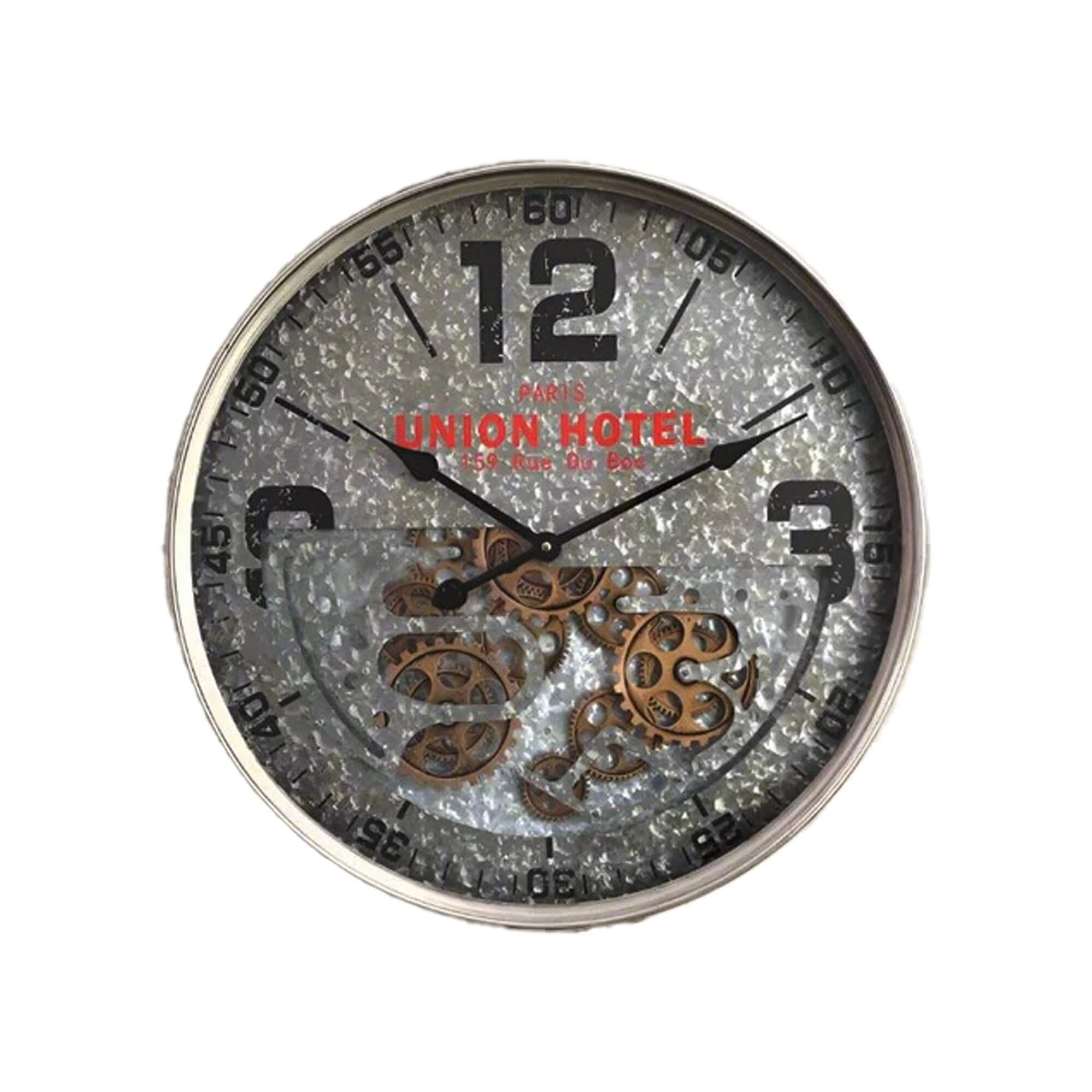 Paris Union Hotel Clock with Exposed Gears, 60cmTransform your space with the 60cm Paris Union Hotel Clock. This Luxury Co piece boasts exposed gears and a silver finish, merging vintage charm with elegance.