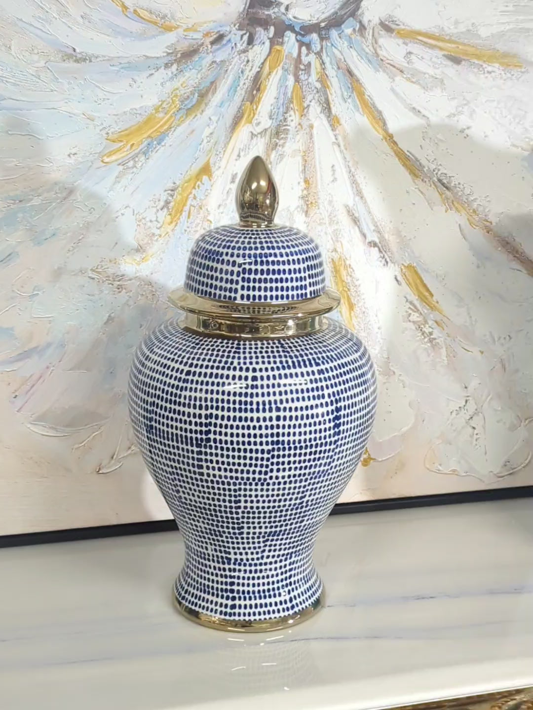 Ceramic Temple Jar - Blue, White & Gold Hamptons Style