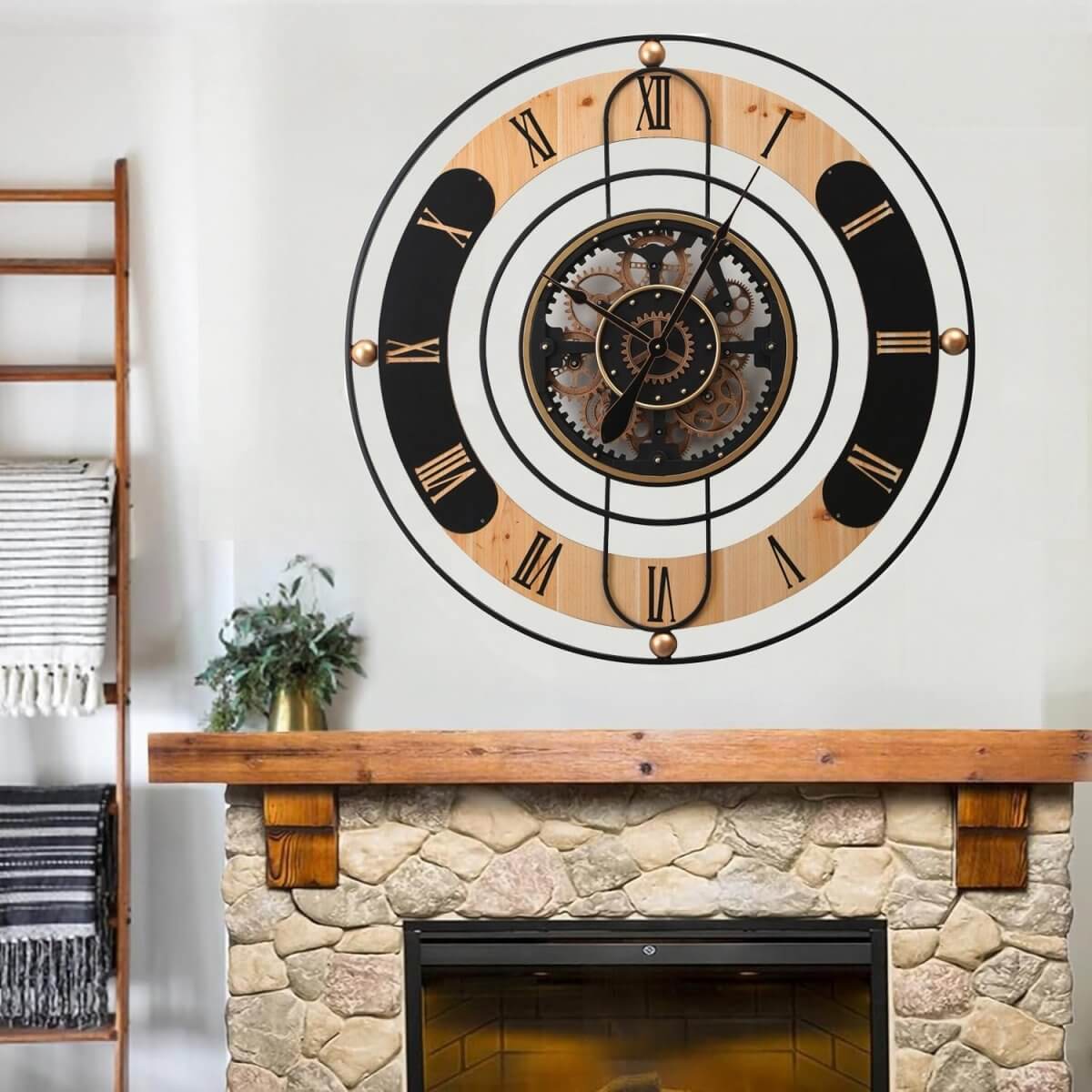 Vintage Country Round Wall Art Clock with Exposed Gears, 90cmBring rustic charm home. Discover vintage elegance and industrial style with this 90cm round wall clock featuring exposed gears.