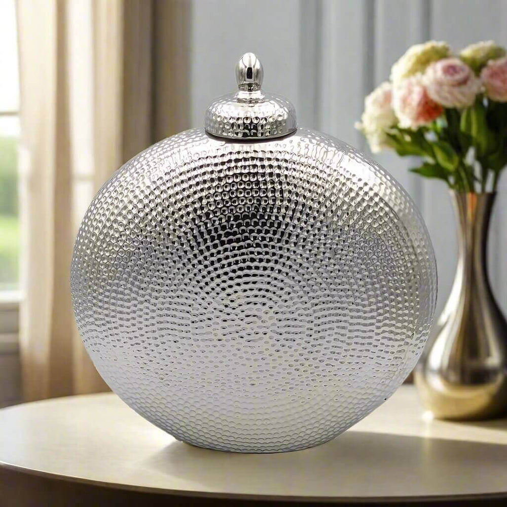Round Silver Ceramic Vase Lidded Urn - Elegant Storage
