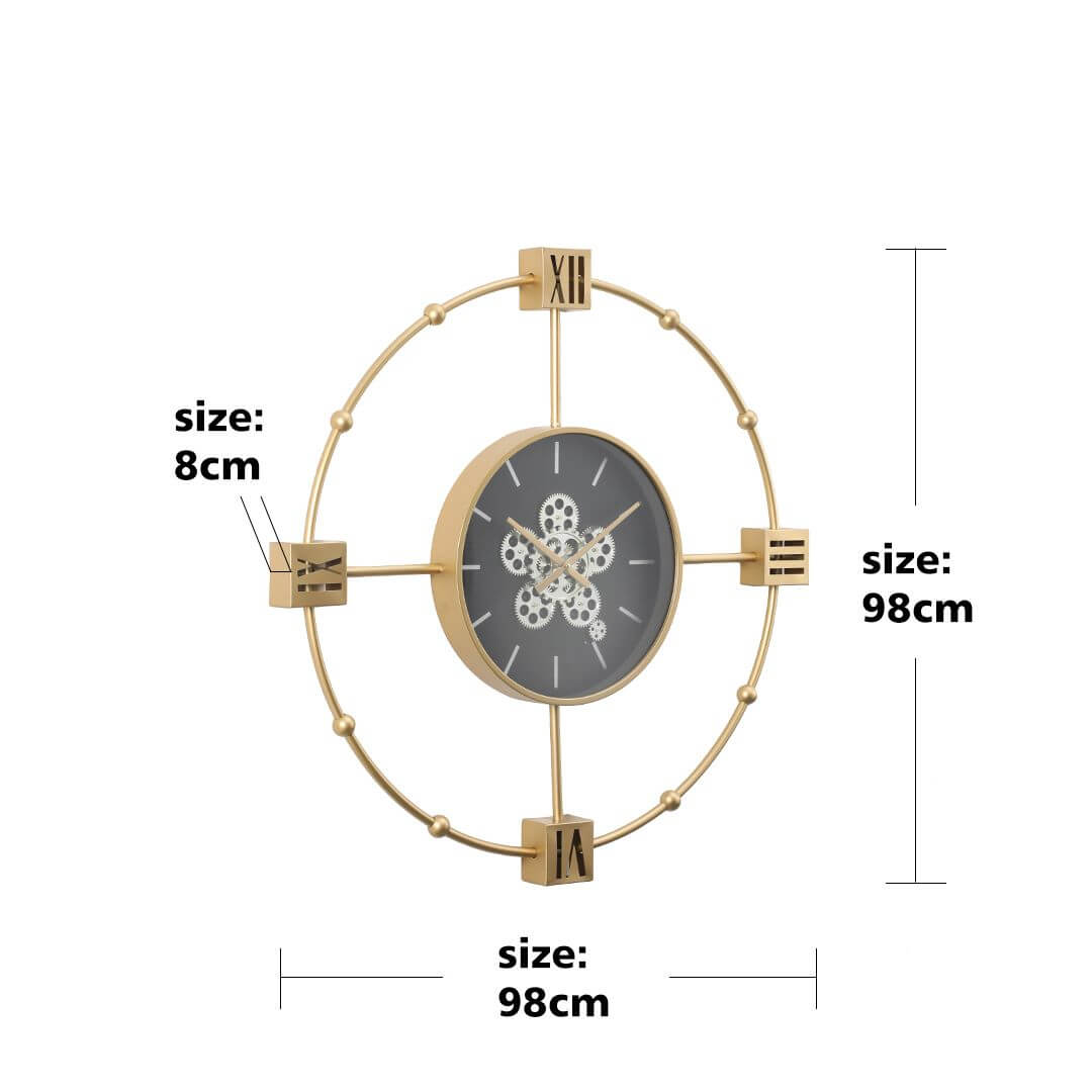 Round Tiffany Industrial Wall Clock in Gold, 98cmElevate your space with this 98cm gold clock, featuring gears & Roman numerals. Perfect for chic, modern homes.