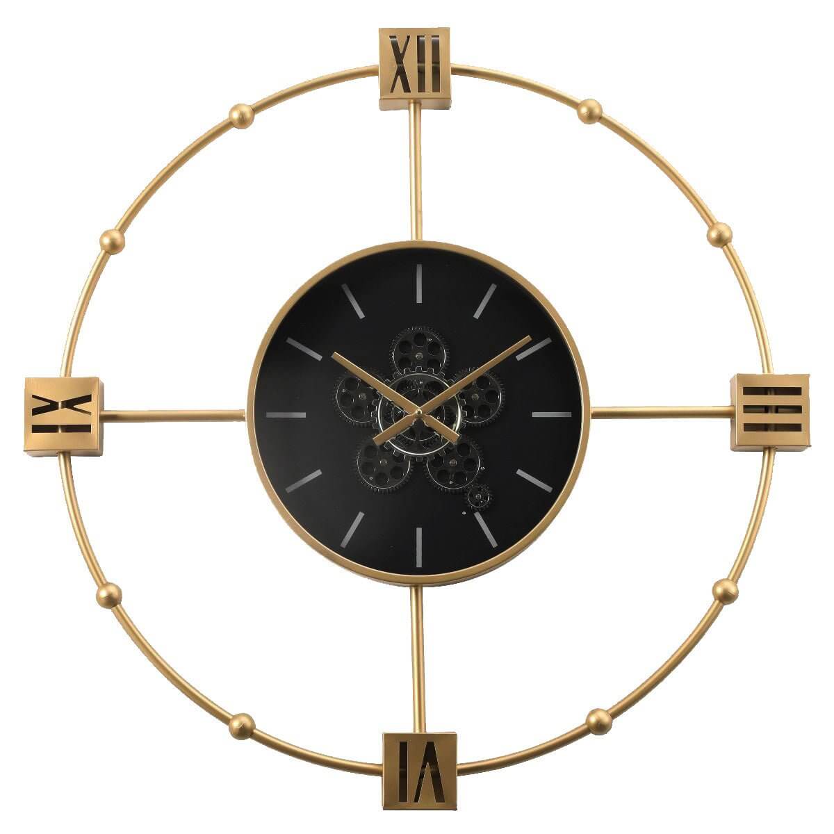 Round Tiffany Industrial Wall Clock in Gold, 98cmElevate your space with this 98cm gold clock, featuring gears & Roman numerals. Perfect for chic, modern homes.