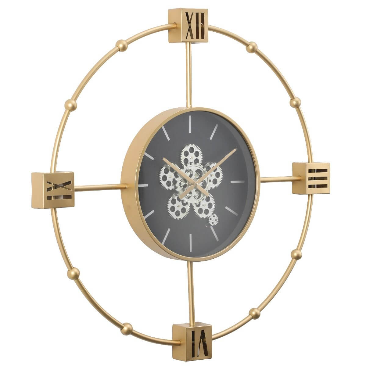 Round Tiffany Industrial Wall Clock in Gold, 98cmElevate your space with this 98cm gold clock, featuring gears & Roman numerals. Perfect for chic, modern homes.