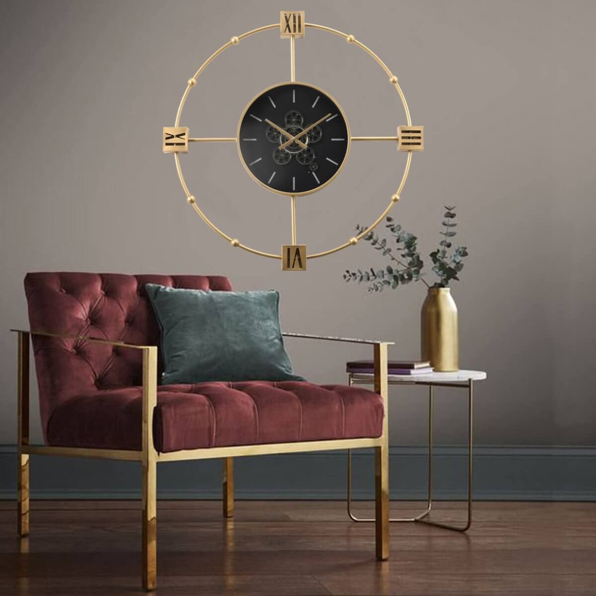 Round Tiffany Industrial Wall Clock in Gold, 98cmElevate your space with this 98cm gold clock, featuring gears & Roman numerals. Perfect for chic, modern homes.