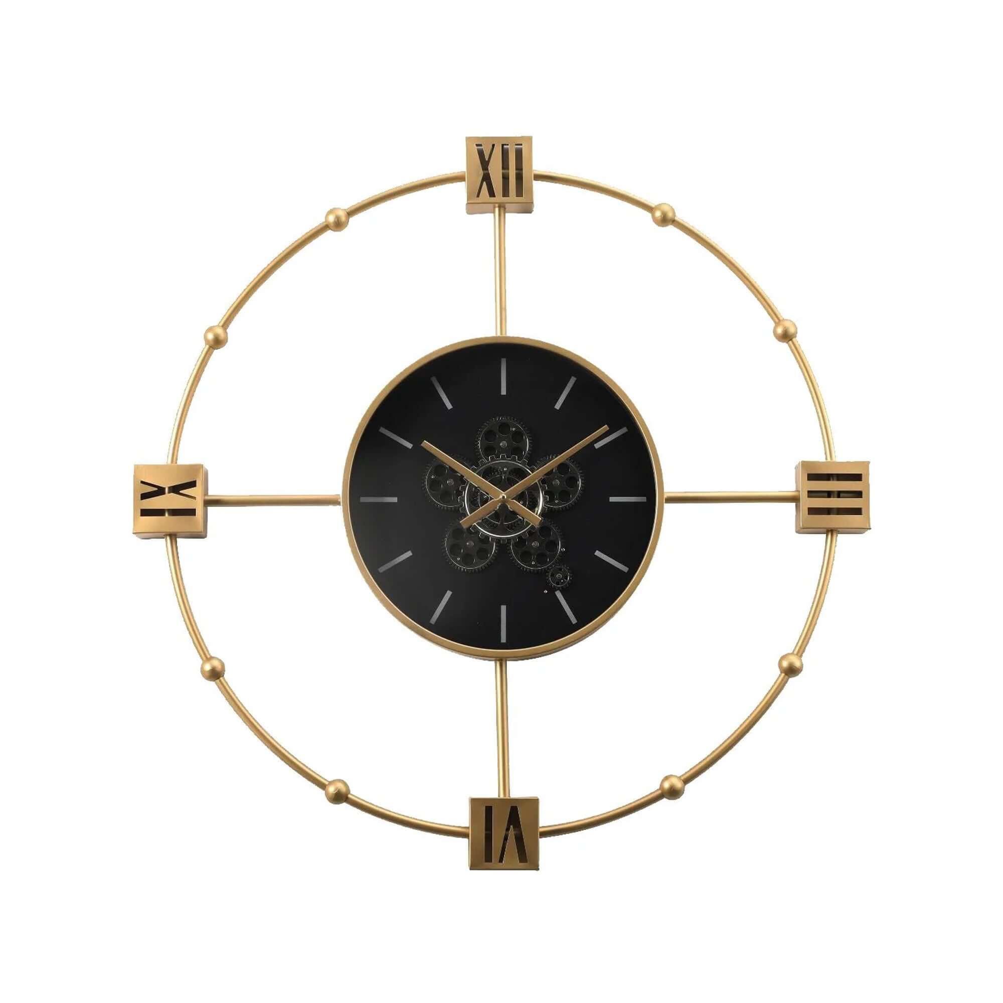 Round Tiffany Industrial Wall Clock in Gold, 98cmElevate your space with this 98cm gold clock, featuring gears & Roman numerals. Perfect for chic, modern homes.