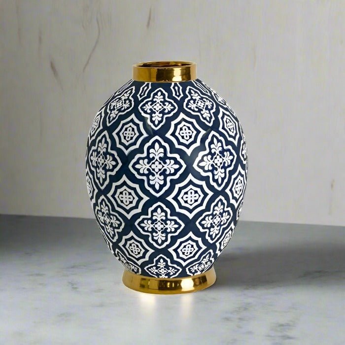 Tangier Midnight Navy Blue & Gold Ceramic Belly Vase, 34cmDiscover luxury with this navy ceramic vase, accented in gold. Perfect for Australian home decor.