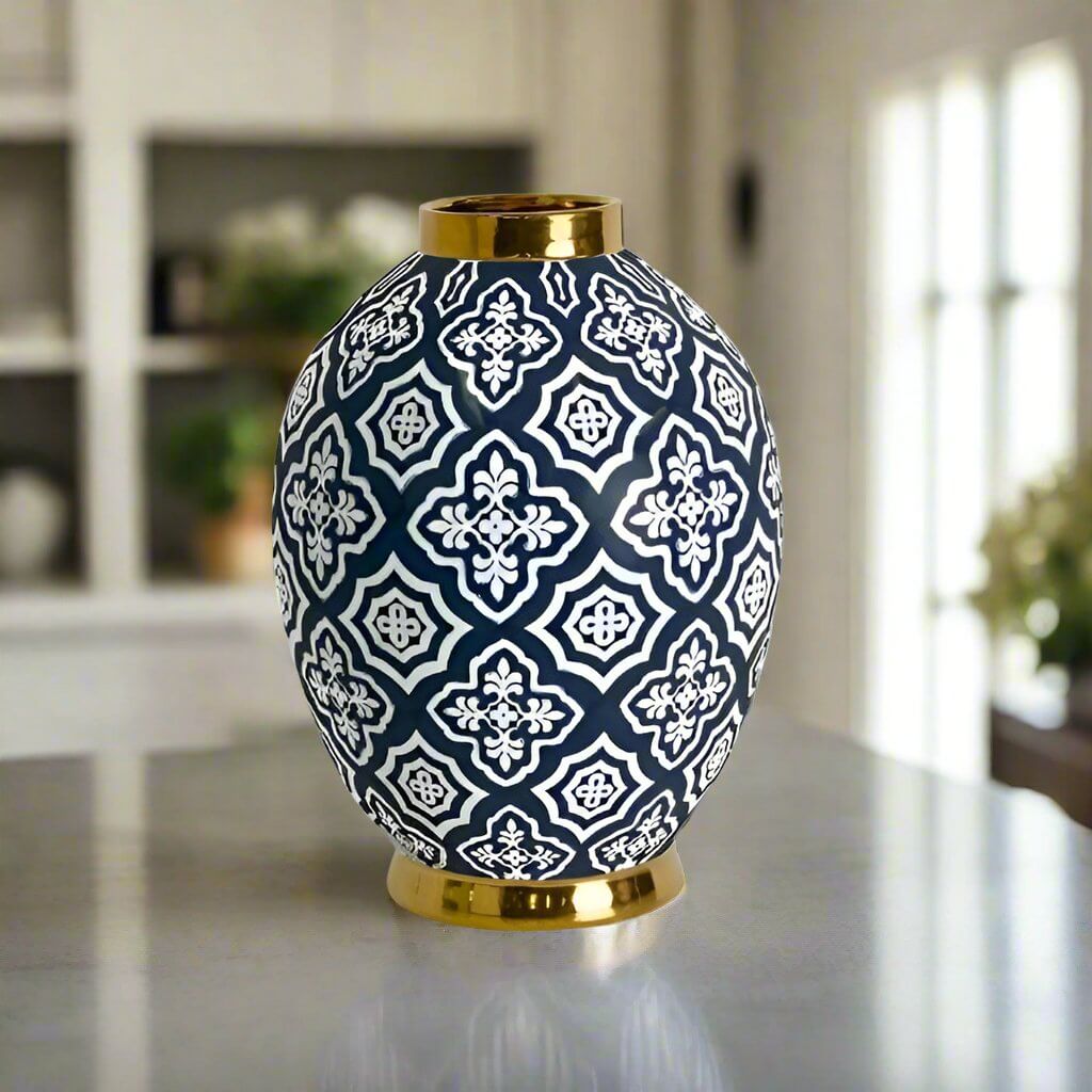 Ceramic Vase Tangier Midnight Navy Blue & Gold Belly Vase, 34cm
