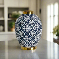 Ceramic Vase Tangier Midnight Navy Blue & Gold Belly Vase, 34cm