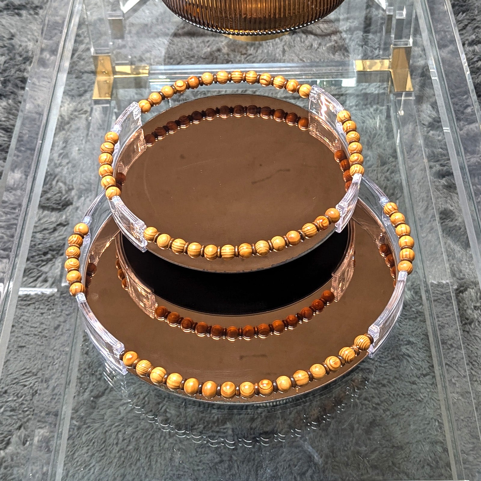 Round Mirror Serving Tray Set Contemporary with Metallic Trim