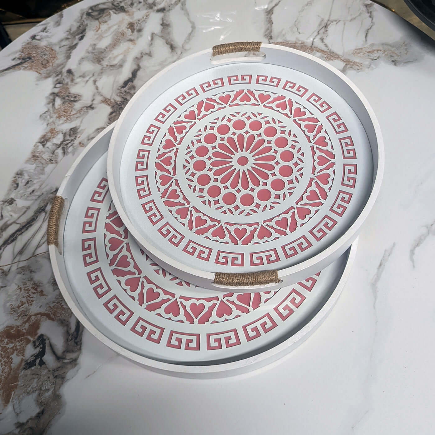 Round Tray Set Elegant Rustic Wood Pattern