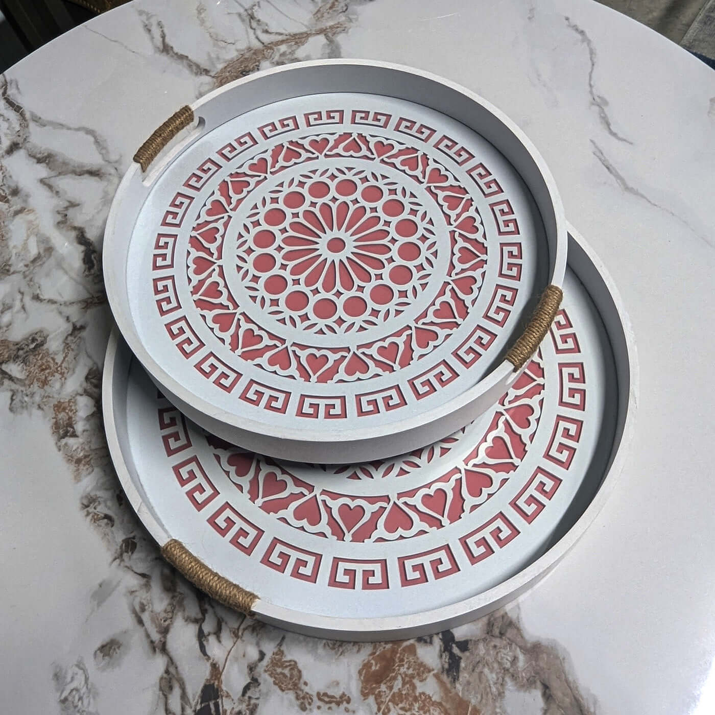 Round Tray Set Elegant Rustic Wood Pattern