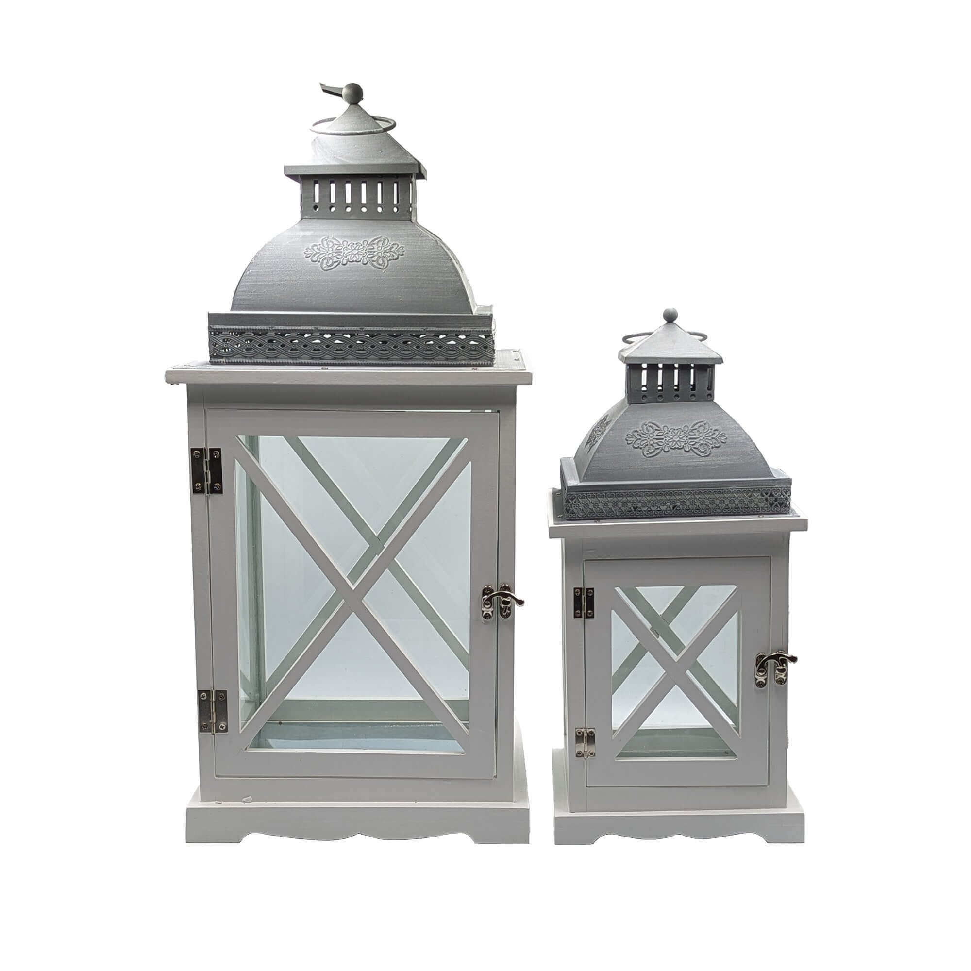 Vintage Lantern Candle Holder Set Antique Wood & Metal