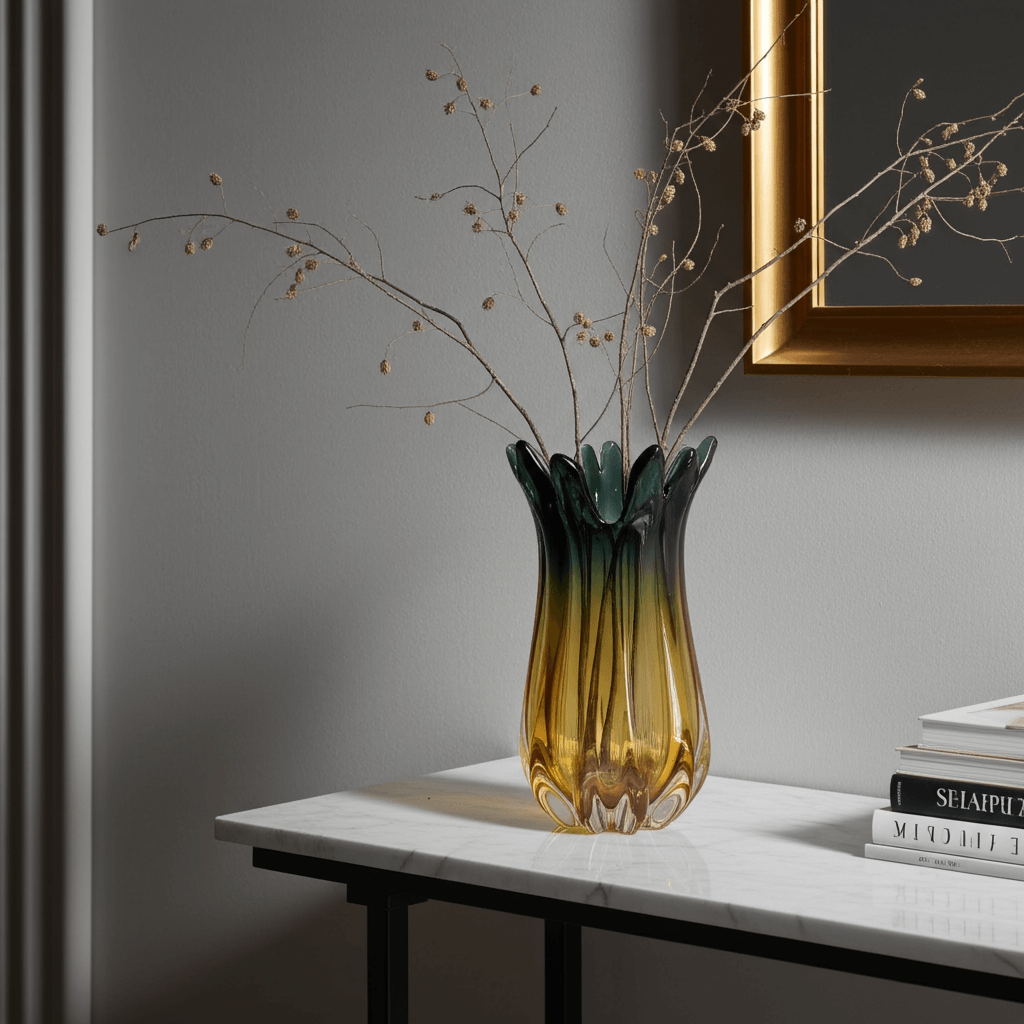 Striking Charcoal Yellow Art Glass Vase