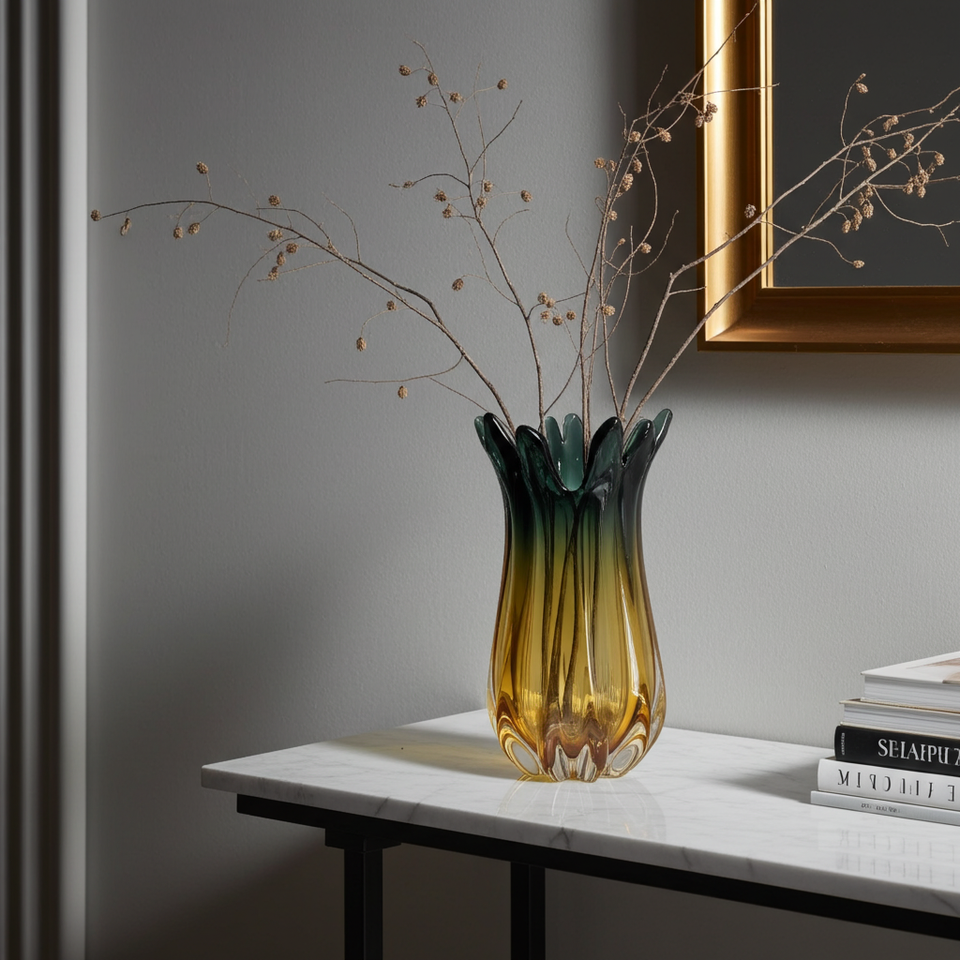 Murano Glass Vase – 33cm Charcoal & Yellow Art