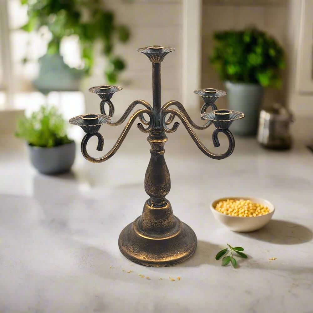 46cm Vintage Candlestick | Rustic Gold Farmhouse Style