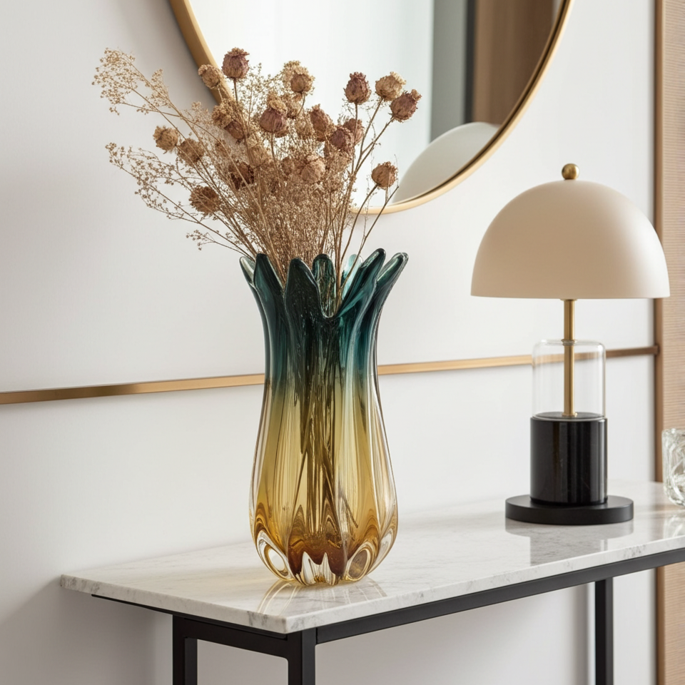 Murano Glass Vase – 33cm Charcoal & Yellow Art