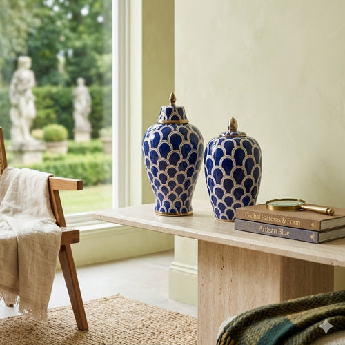 Imperial Blue Scalloped Ceramic Ginger Jars