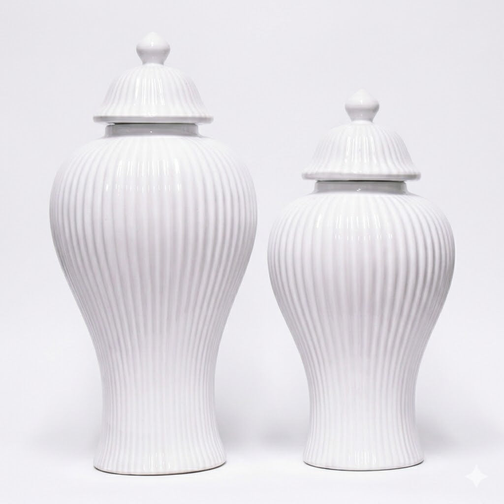 Classic Ribbed White Ceramic Ginger Jar Set