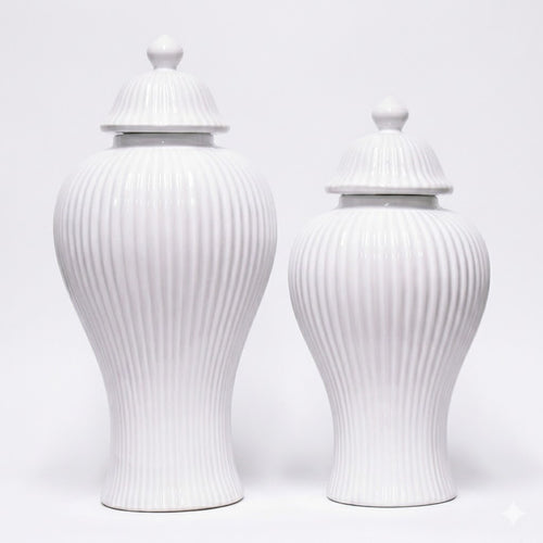 Classic Ribbed White Ceramic Ginger Jar Set