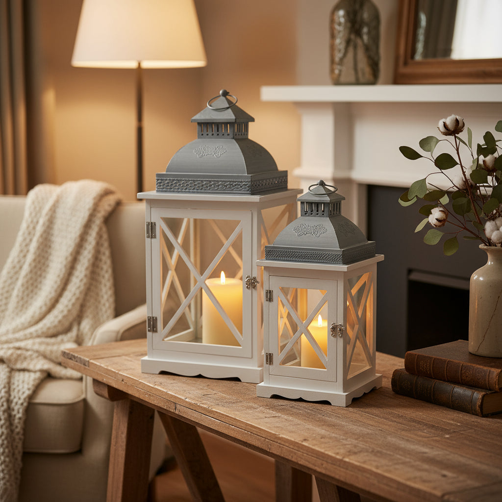 Antique White Timber Lantern Set of 2