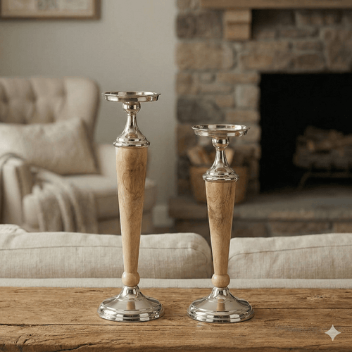 Atlas Wood & Silver Candle Holder Set