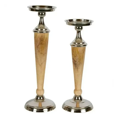 Atlas Wood & Silver Candle Holder Set