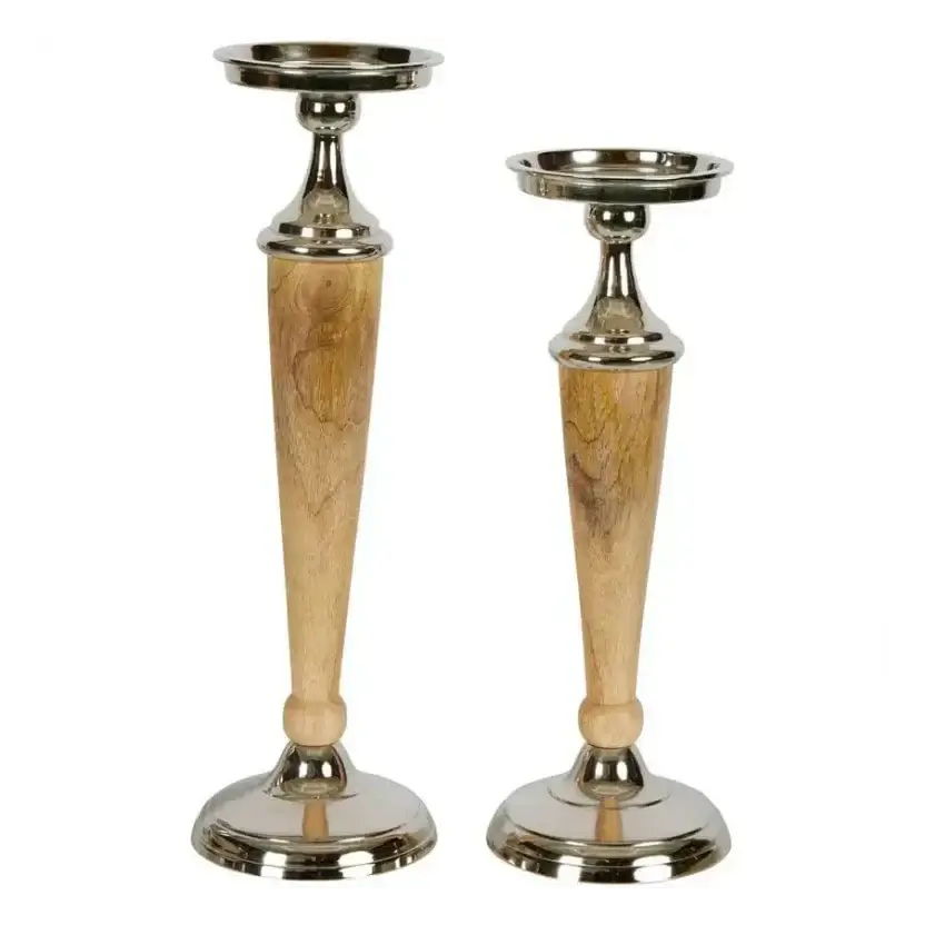 Atlas Wood & Silver Candle Holder Set