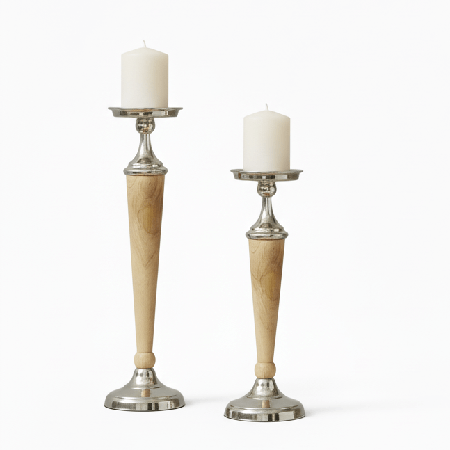 Atlas Wood & Silver Candle Holder Set